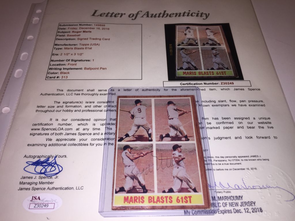 Roger Maris Autographed Card with COA