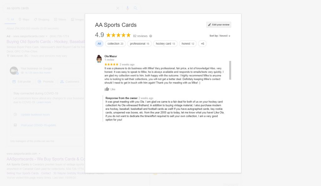AA Sports Cards Google Reviews from Ola M.
