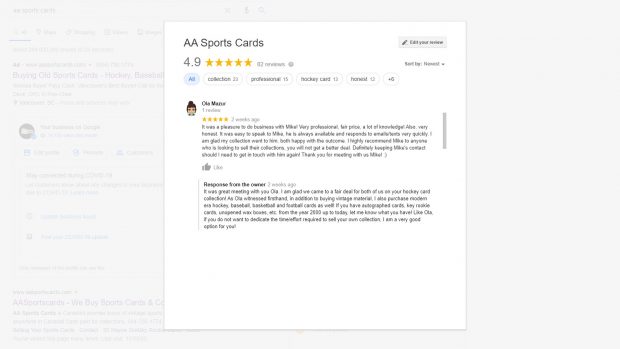 AA Sports Cards Google Reviews 1