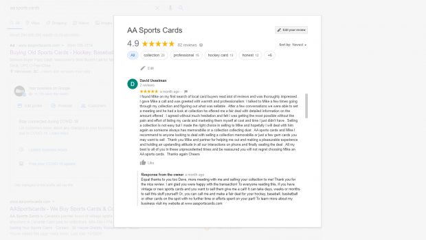 AA Sports Cards Google Reviews 2