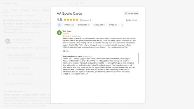 AA Sports Cards Google Reviews 3