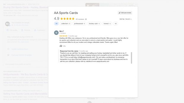 AA Sports Cards Google Reviews 4